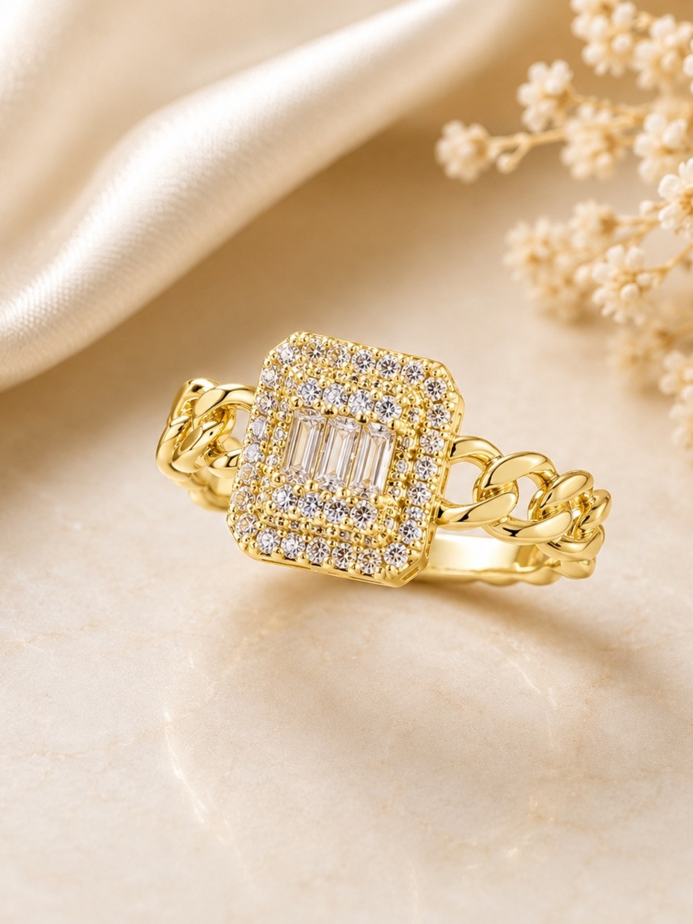 14K Gold Filled Chain Square Halo Ring with AAAAA CZ. Stamped. Size 9.